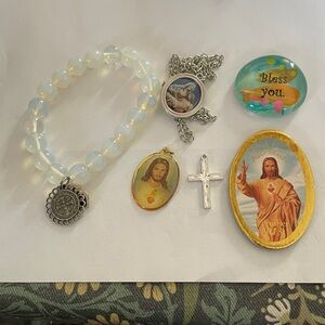 Opalescent Bead Bracelet and Religious Pendants Set